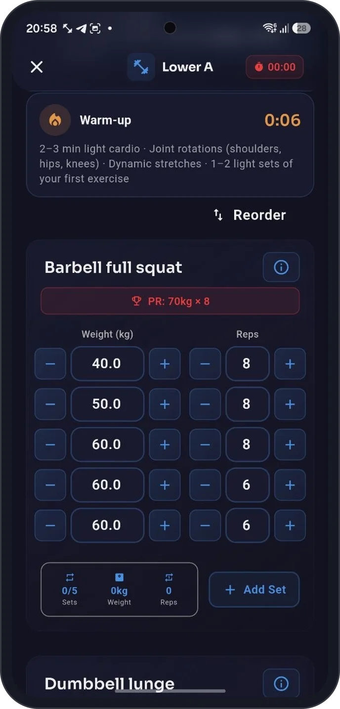 Logging a workout set in heavypal with weight and reps