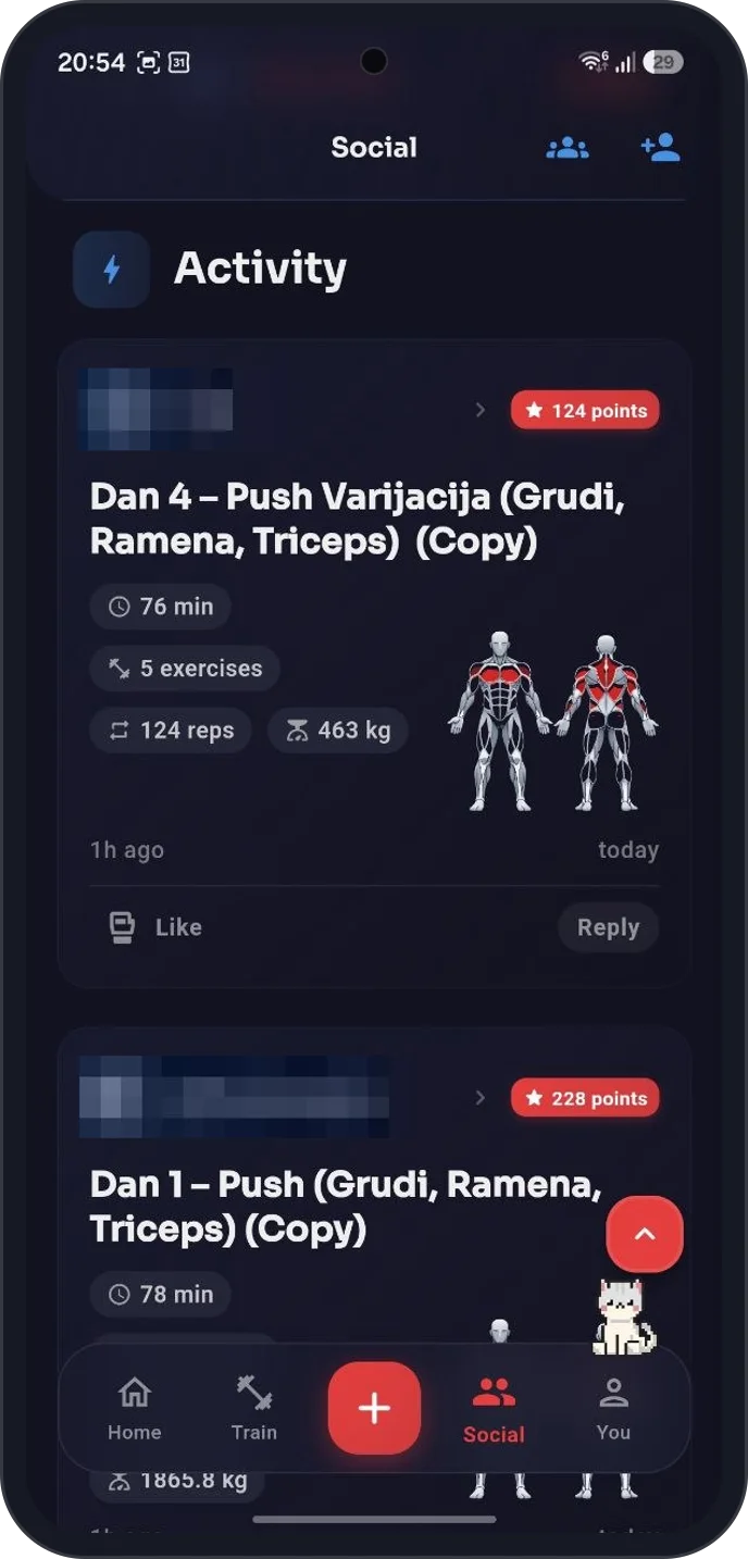 Social feed in heavypal showing friends workouts and reactions
